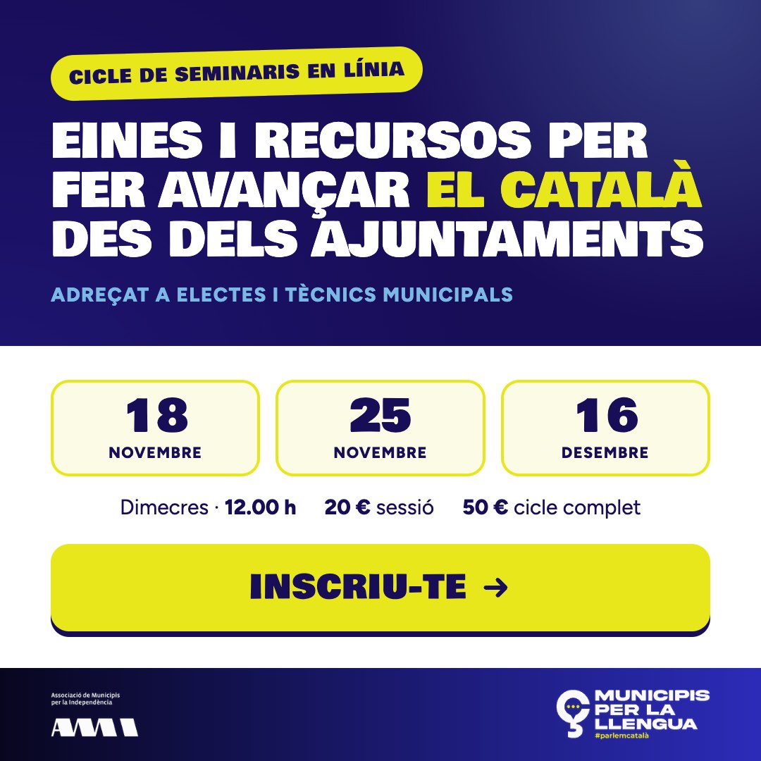 Cicle de seminaris en línia: Eines i recursos per fer avançar el català des dels ajuntaments. 18 i 25 de novembre i 16 de desembre de 2026 a les 12.00 h. Inscriu-te.